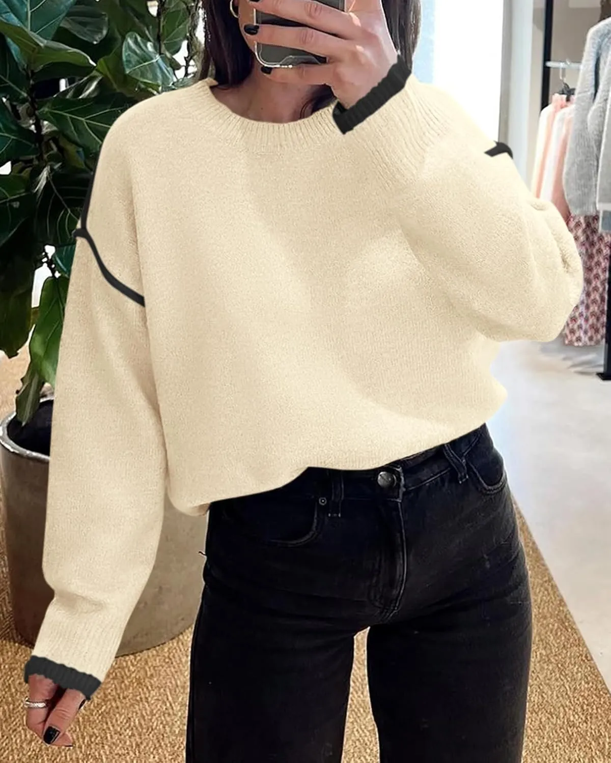 BTFBM Fall Sweaters for Women 2025 Trendy Casual Crew Neck Long Sleeve Loose Ribbed Knit Sweater Pullover Jumper Tops