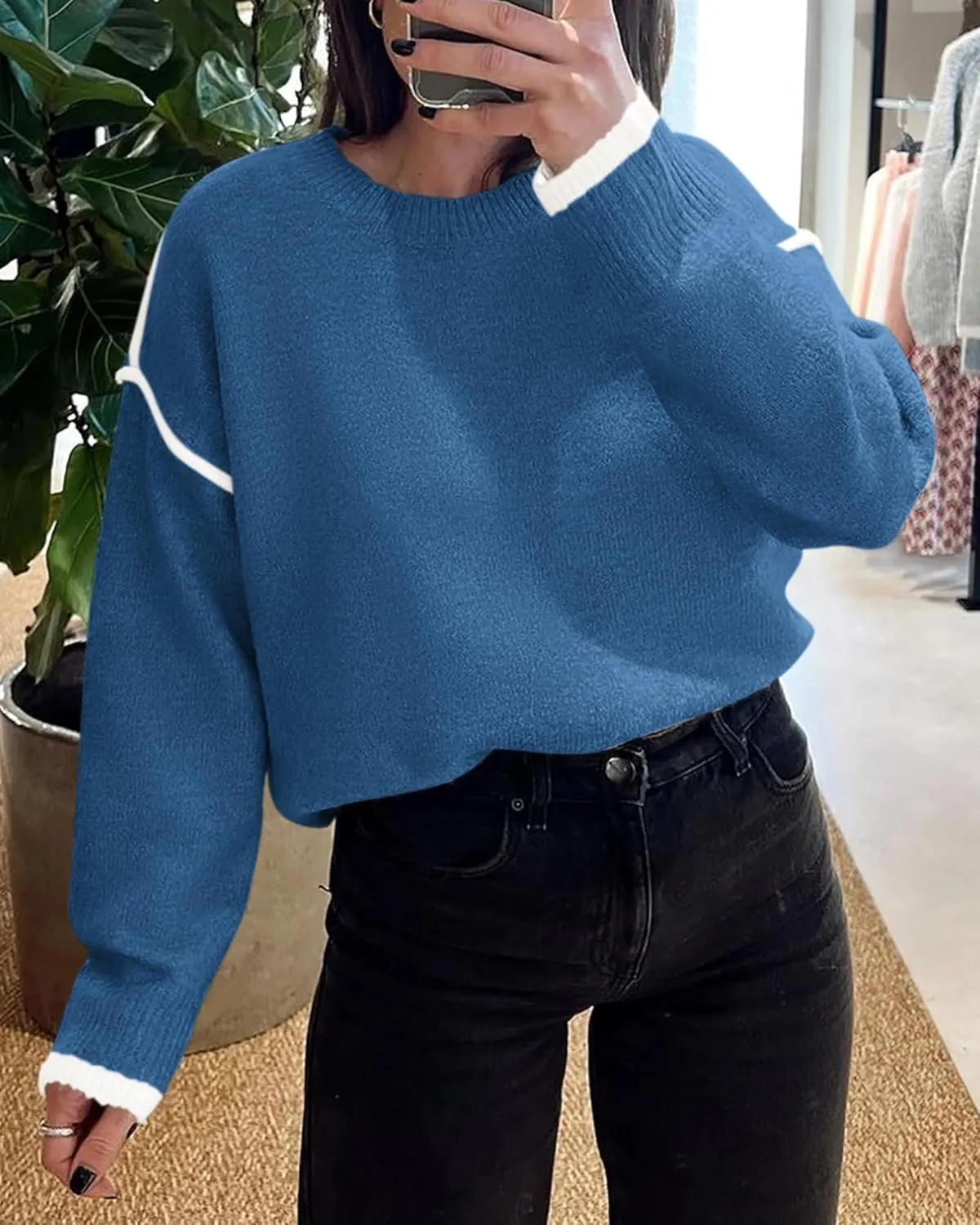 BTFBM Fall Sweaters for Women 2025 Trendy Casual Crew Neck Long Sleeve Loose Ribbed Knit Sweater Pullover Jumper Tops