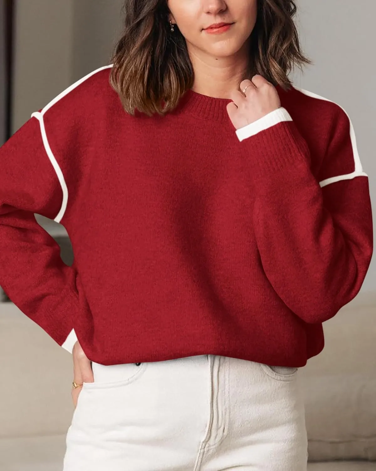 BTFBM Fall Sweaters for Women 2025 Trendy Casual Crew Neck Long Sleeve Loose Ribbed Knit Sweater Pullover Jumper Tops