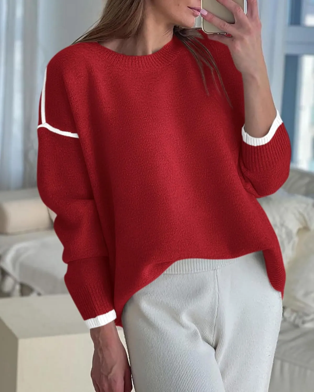 BTFBM Fall Sweaters for Women 2025 Trendy Casual Crew Neck Long Sleeve Loose Ribbed Knit Sweater Pullover Jumper Tops