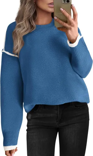 BTFBM Fall Sweaters for Women 2025 Trendy Casual Crew Neck Long Sleeve Loose Ribbed Knit Sweater Pullover Jumper Tops