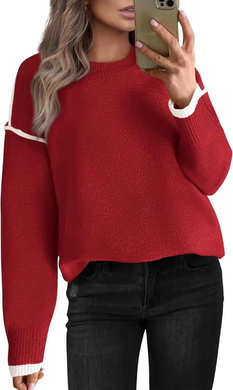 BTFBM Fall Sweaters for Women 2025 Trendy Casual Crew Neck Long Sleeve Loose Ribbed Knit Sweater Pullover Jumper Tops