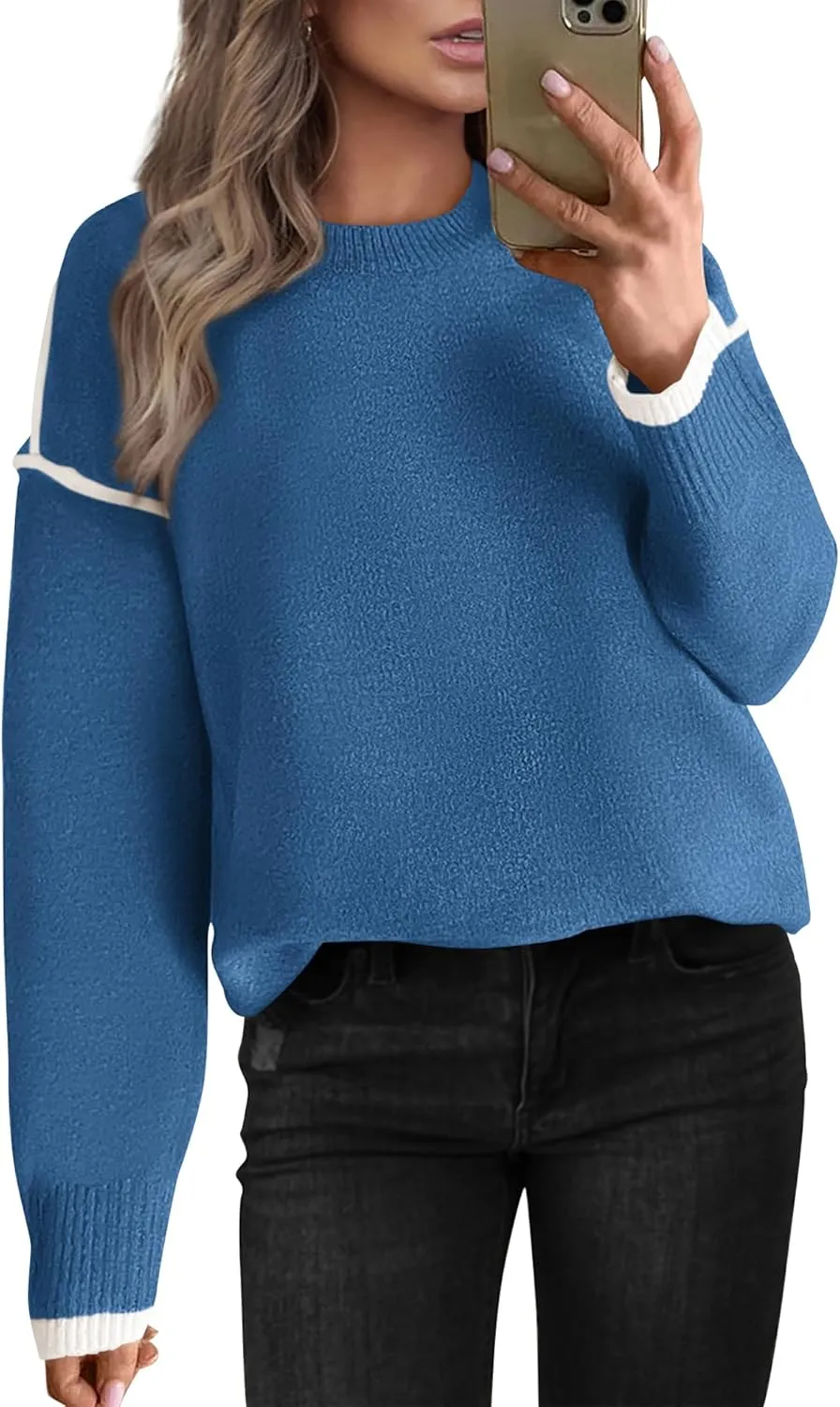 BTFBM Fall Sweaters for Women 2025 Trendy Casual Crew Neck Long Sleeve Loose Ribbed Knit Sweater Pullover Jumper Tops