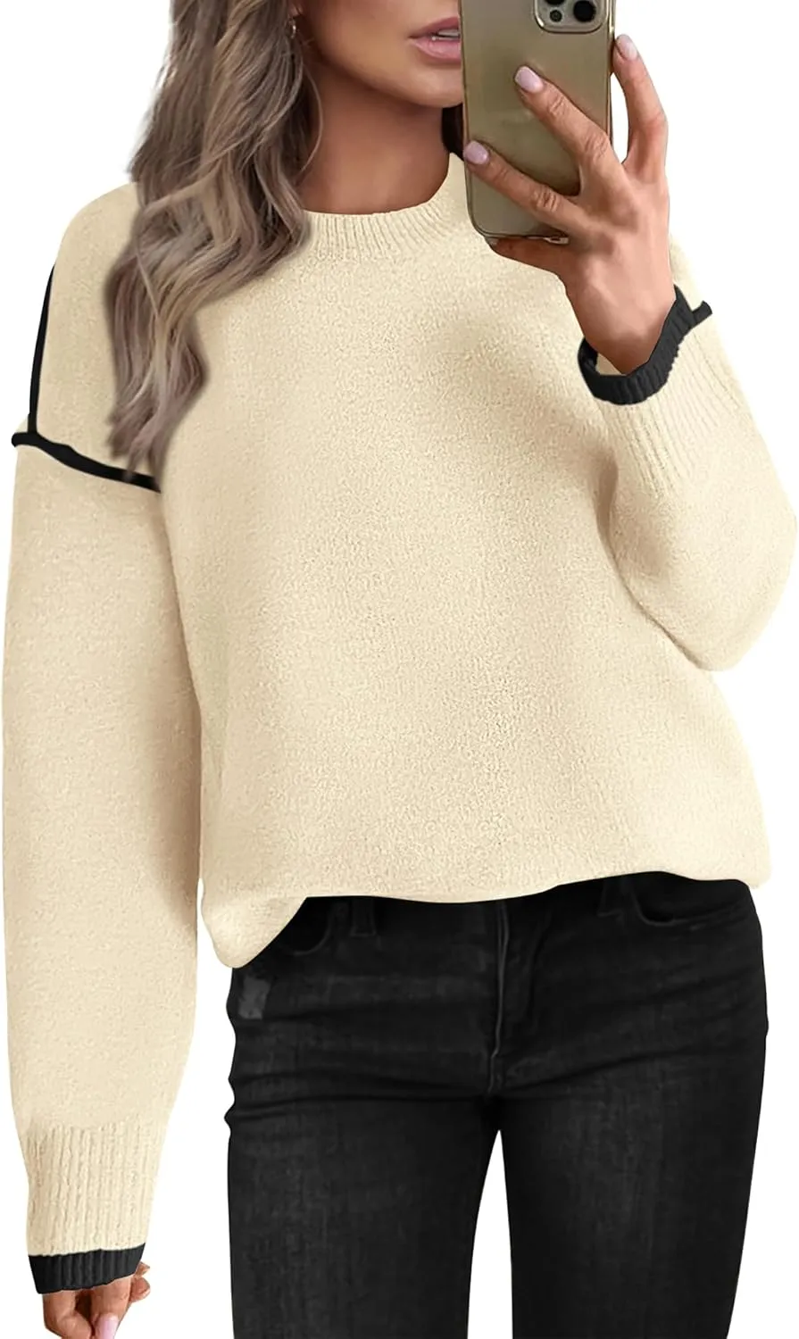 BTFBM Fall Sweaters for Women 2025 Trendy Casual Crew Neck Long Sleeve Loose Ribbed Knit Sweater Pullover Jumper Tops