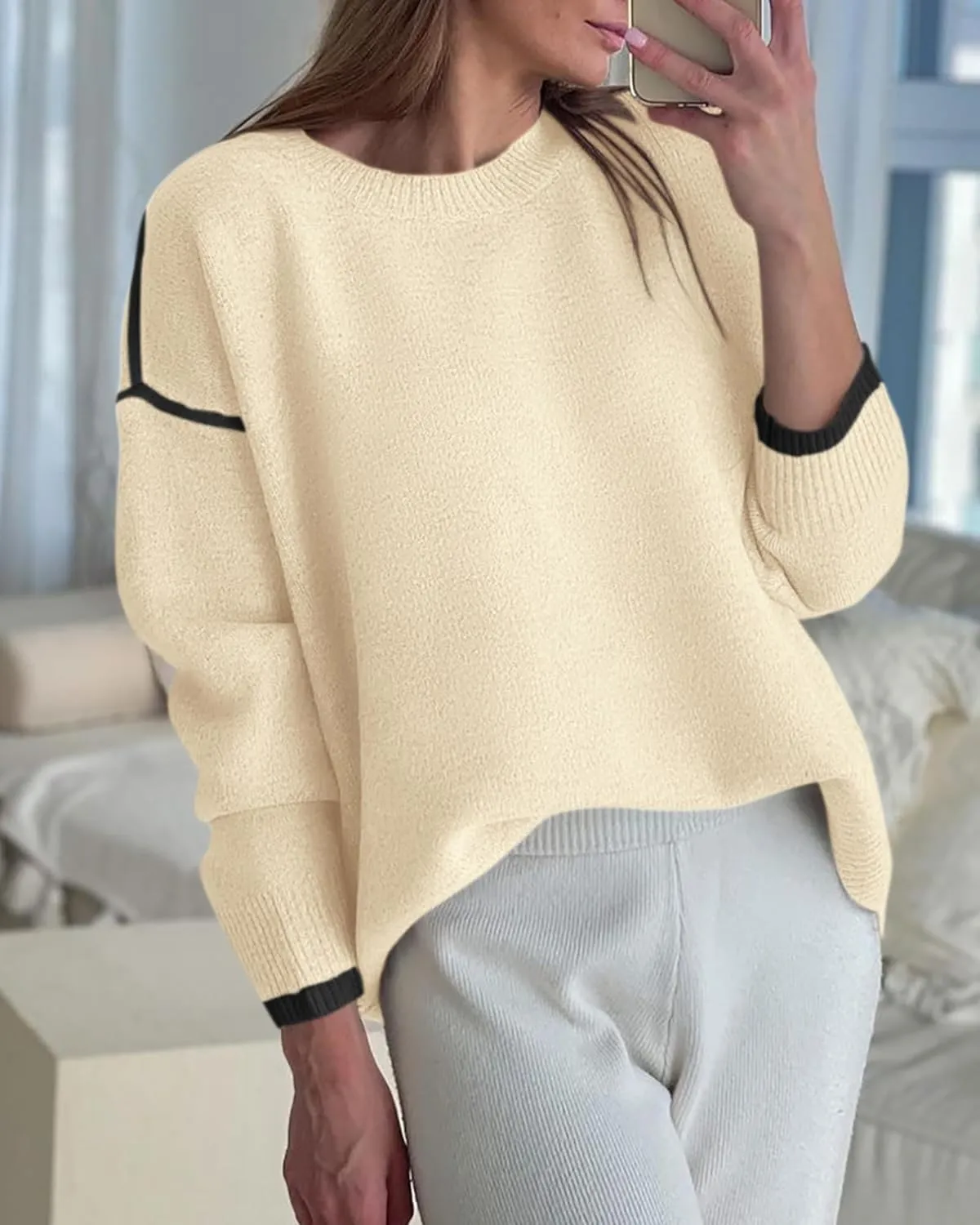BTFBM Fall Sweaters for Women 2025 Trendy Casual Crew Neck Long Sleeve Loose Ribbed Knit Sweater Pullover Jumper Tops