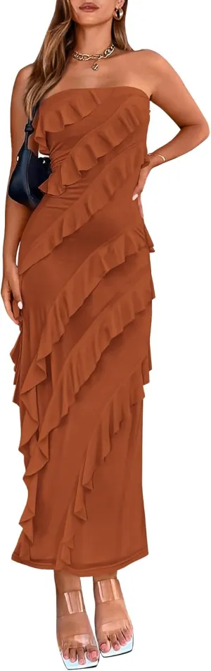 BTFBM Women Summer Elegant Strapless Midi Ruched Bodycon Dress Solid Color Stretch Mesh Slim Party Cocktail Dresses