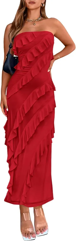 BTFBM Women Summer Elegant Strapless Midi Ruched Bodycon Dress Solid Color Stretch Mesh Slim Party Cocktail Dresses