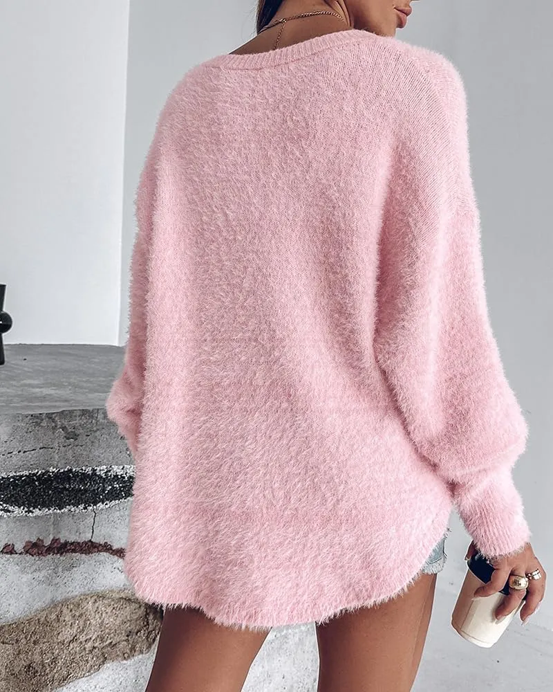 ChicMe Womens Cozy Sweaters V-Neck Beaded Decor Oversized Fuzzy Sweater Fluffy Pullover Top Winter Jumpers