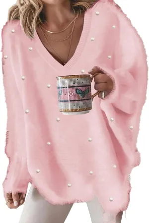ChicMe Womens Cozy Sweaters V-Neck Beaded Decor Oversized Fuzzy Sweater Fluffy Pullover Top Winter Jumpers