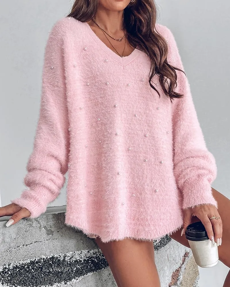 ChicMe Womens Cozy Sweaters V-Neck Beaded Decor Oversized Fuzzy Sweater Fluffy Pullover Top Winter Jumpers