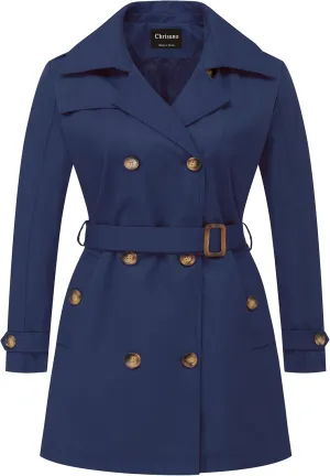 Chrisuno Women's Plus Size Double Breasted Trench Coats Mid-Length Belted Overcoat Dress Jacket with Detachable Hood