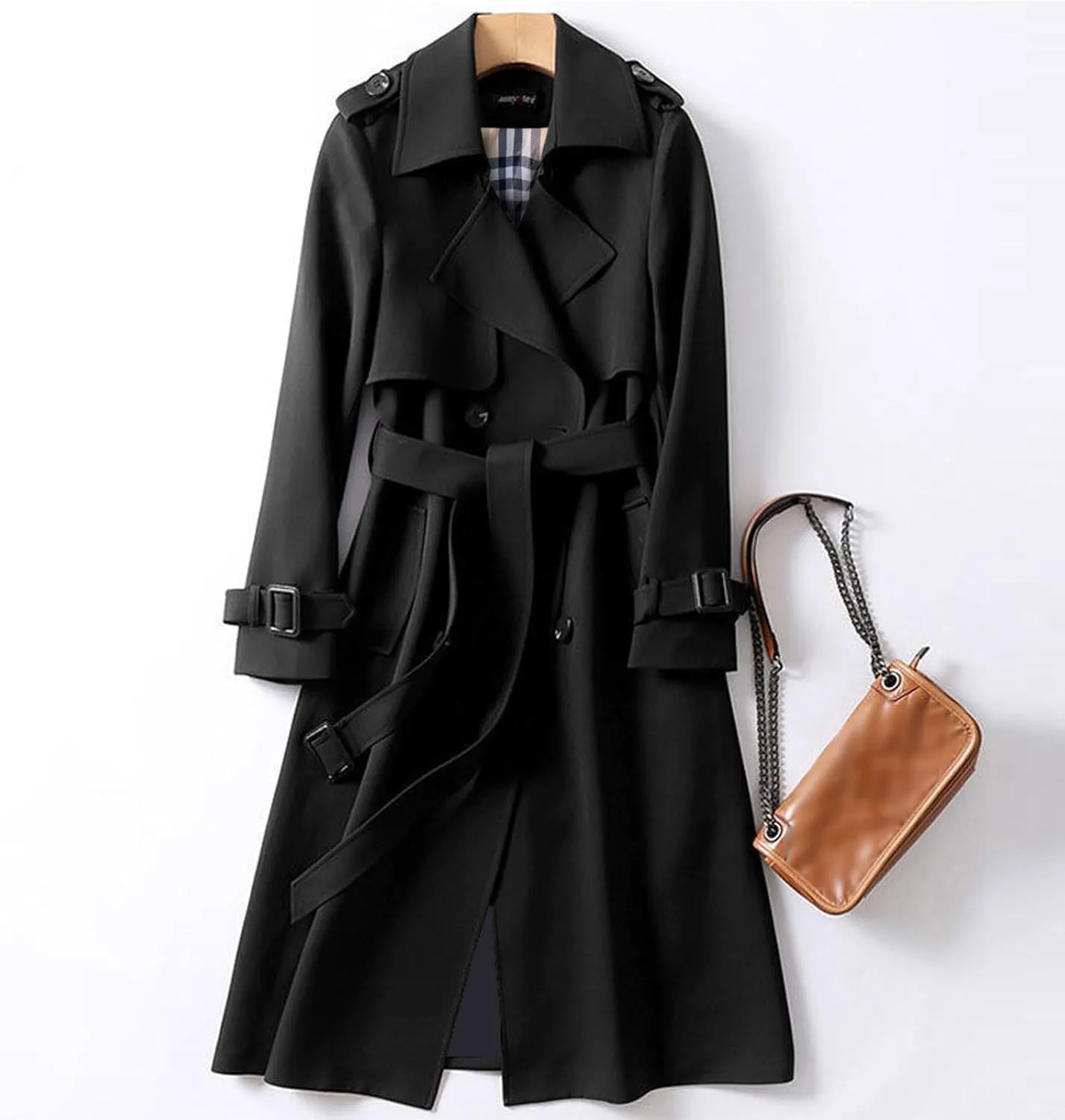 Classic Lapel Overcoat with Belt Midi Length Overcoat Overcoat Outerwear with Belt Pea Coats for Women Light Weight