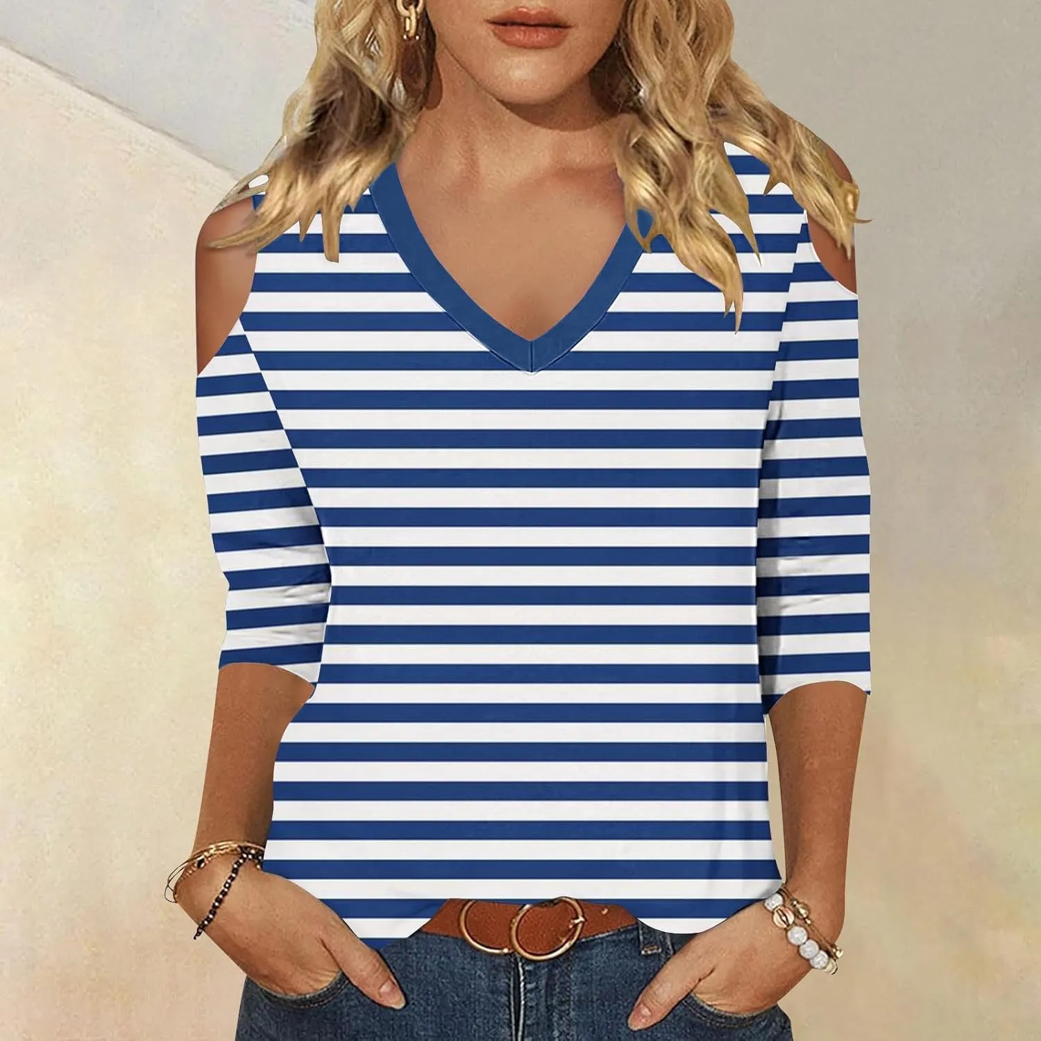 Cold Shoulder Tops for Women Summer Casual Off Shoulder Shirts Stripes Printed 3/4 Sleeve Tunics Loose Blouses