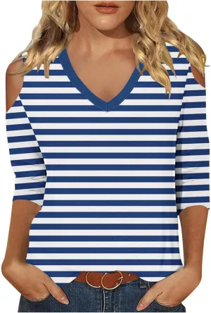 Cold Shoulder Tops for Women Summer Casual Off Shoulder Shirts Stripes Printed 3/4 Sleeve Tunics Loose Blouses
