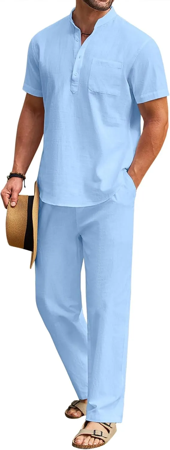 COOFANDY Men's 2 Pieces Cotton Linen Set Casual Short Sleeve Henley Shirts Beach Yoga Pants Summer Outfits