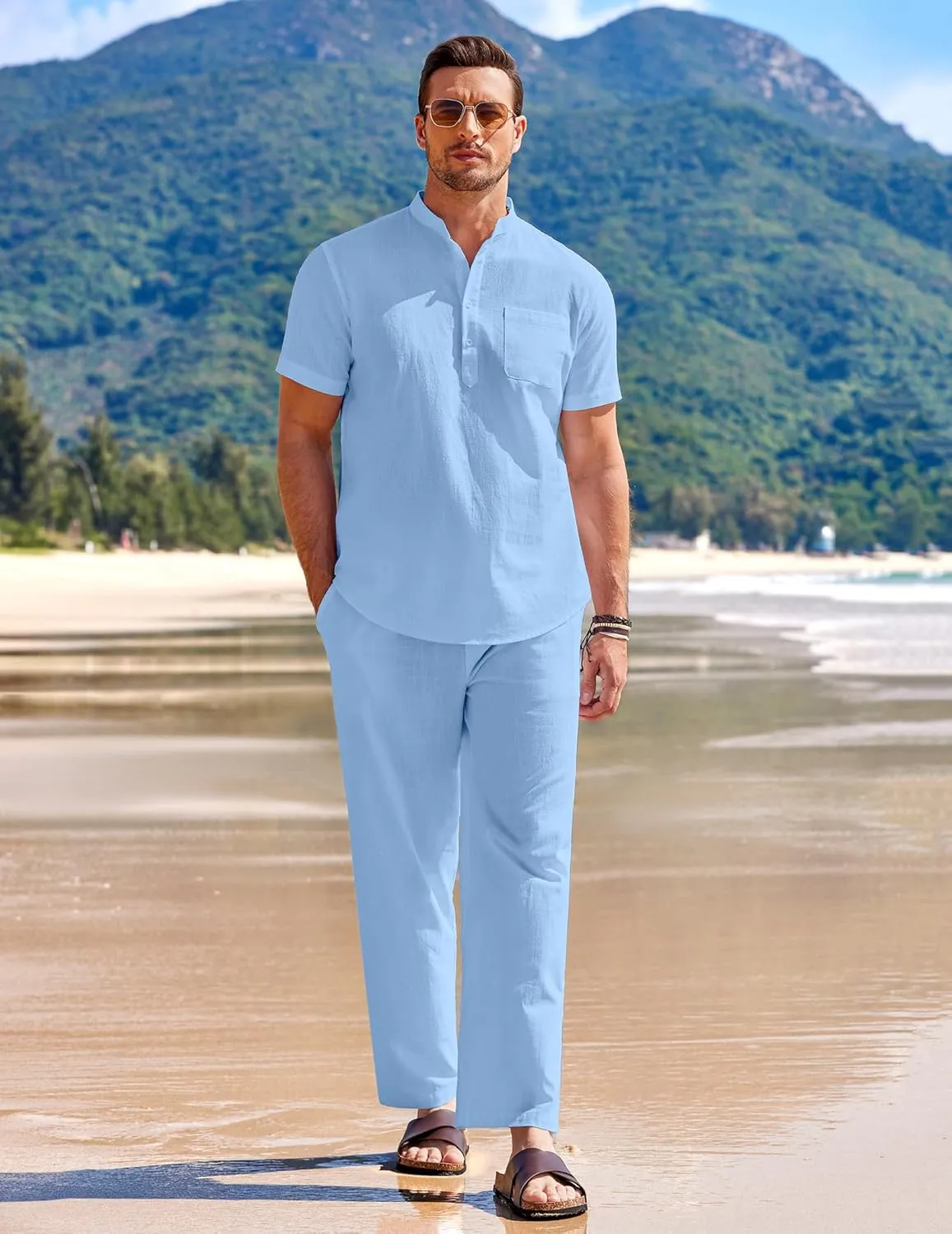 COOFANDY Men's 2 Pieces Cotton Linen Set Casual Short Sleeve Henley Shirts Beach Yoga Pants Summer Outfits