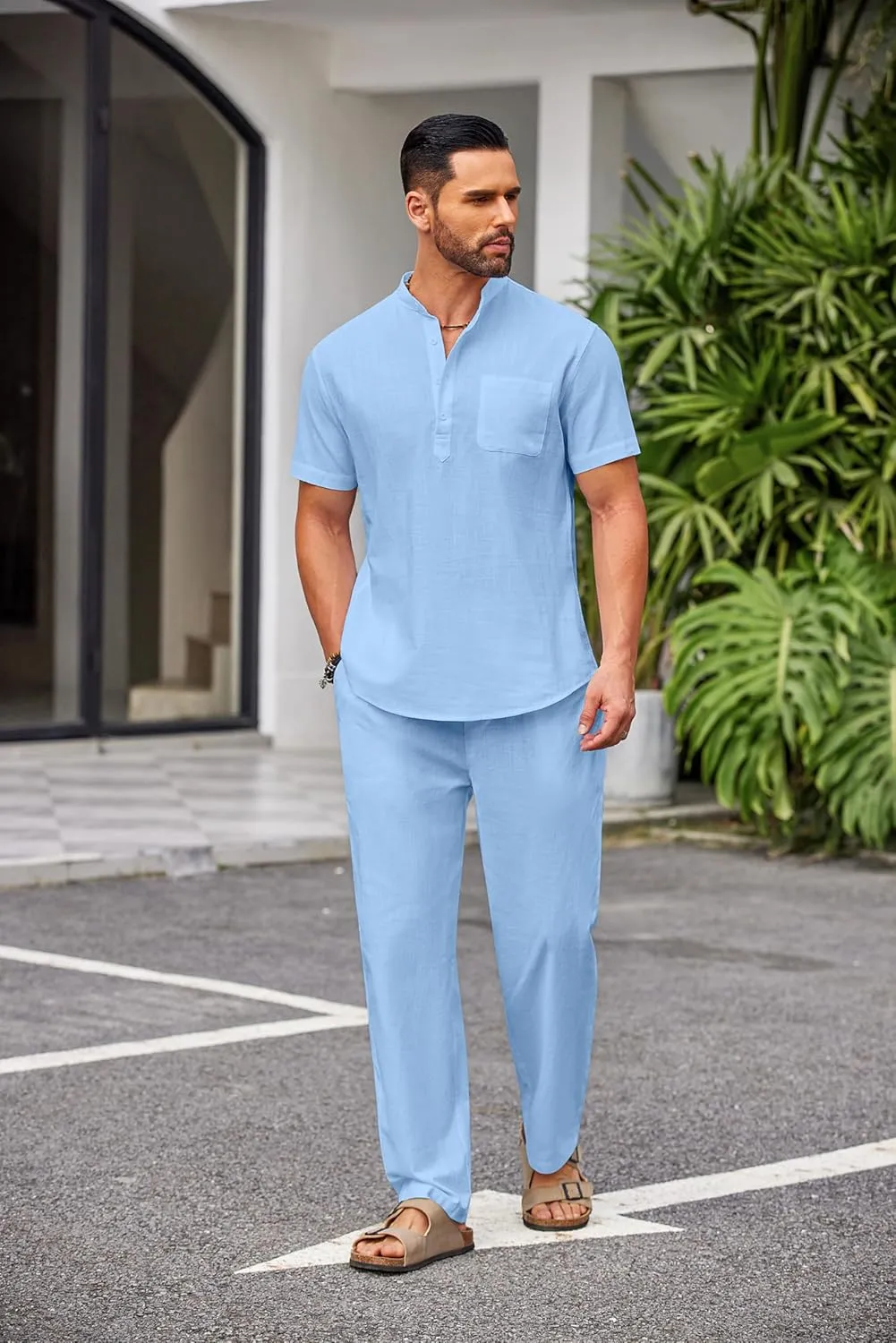 COOFANDY Men's 2 Pieces Cotton Linen Set Casual Short Sleeve Henley Shirts Beach Yoga Pants Summer Outfits