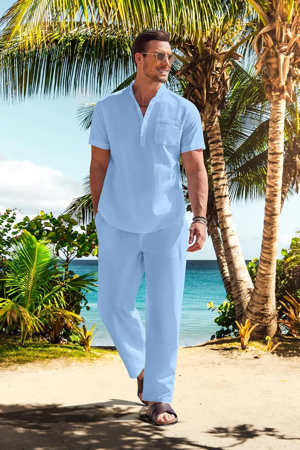 COOFANDY Men's 2 Pieces Cotton Linen Set Casual Short Sleeve Henley Shirts Beach Yoga Pants Summer Outfits