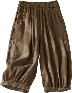 Cotton Linen Bermuda Shorts for Women Comfy Loose Harem Shorts Casual Breathable Pure Color Shorts with Pockets 2024