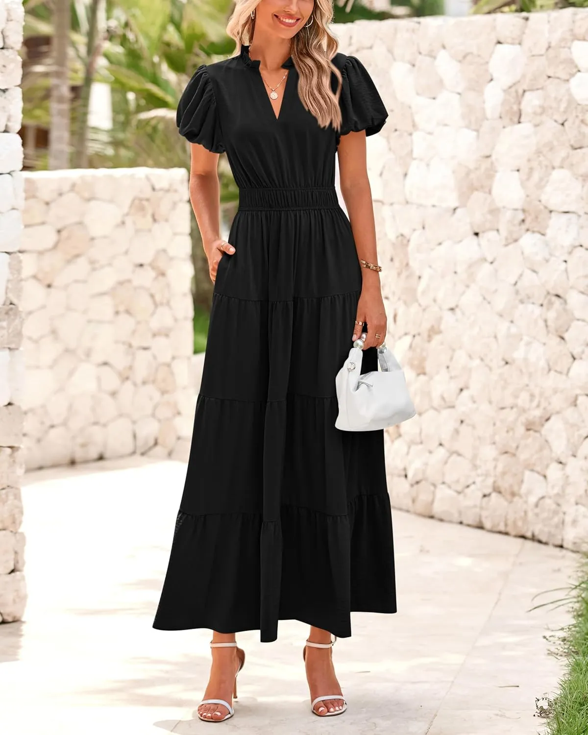 dowerme Womens Summer Dresses 2025 Casual Puff Sleeve V Neck Smocked Waist A-Line Tiered Maxi Prom Dress with Pockets
