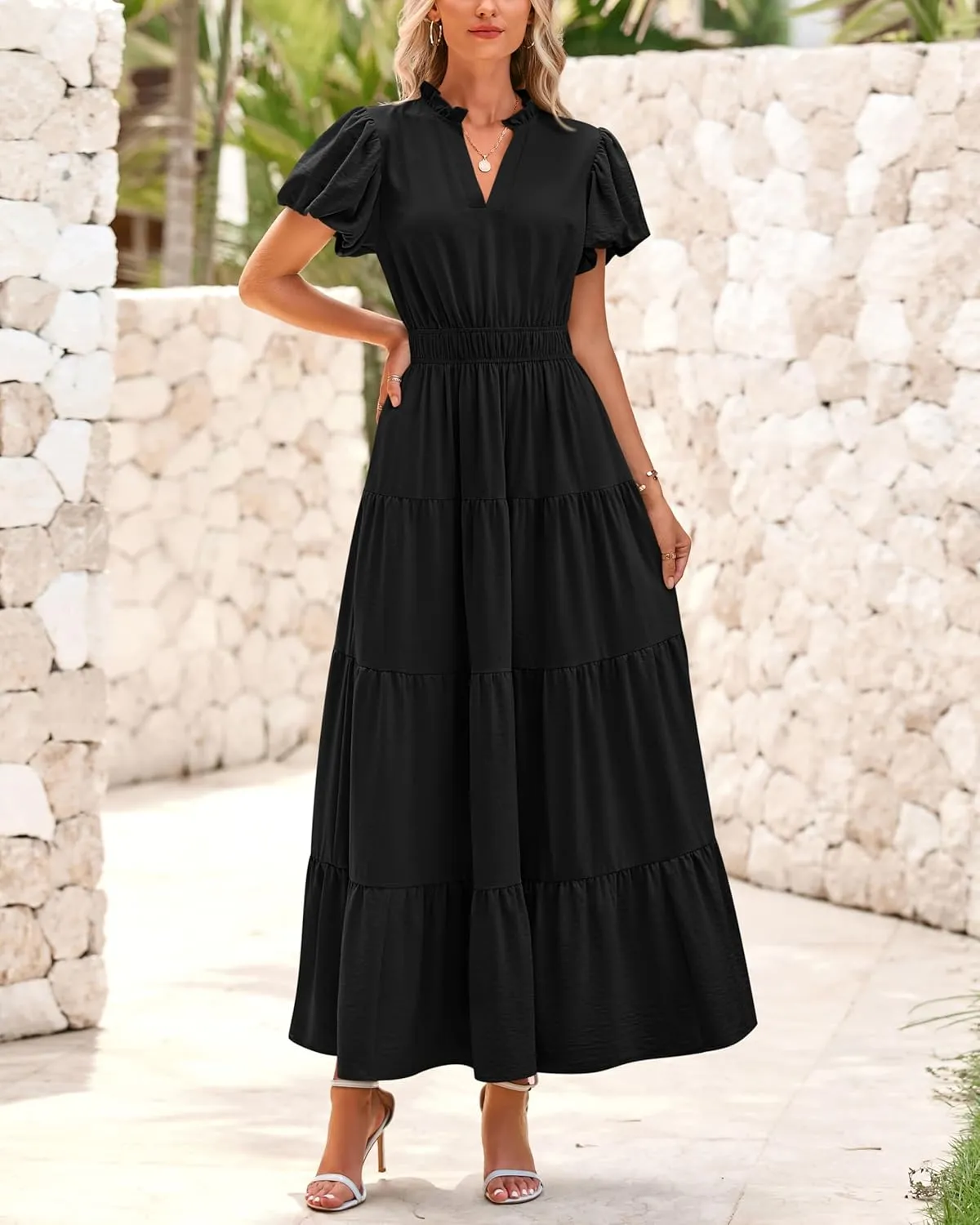 dowerme Womens Summer Dresses 2025 Casual Puff Sleeve V Neck Smocked Waist A-Line Tiered Maxi Prom Dress with Pockets