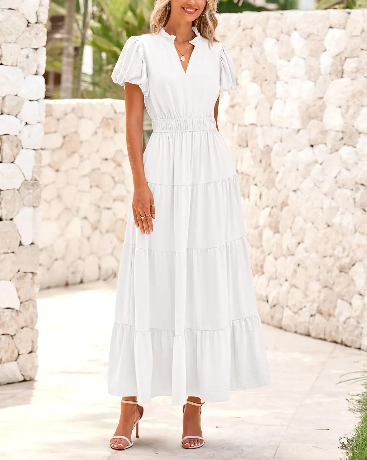dowerme Womens Summer Dresses 2025 Casual Puff Sleeve V Neck Smocked Waist A-Line Tiered Maxi Prom Dress with Pockets