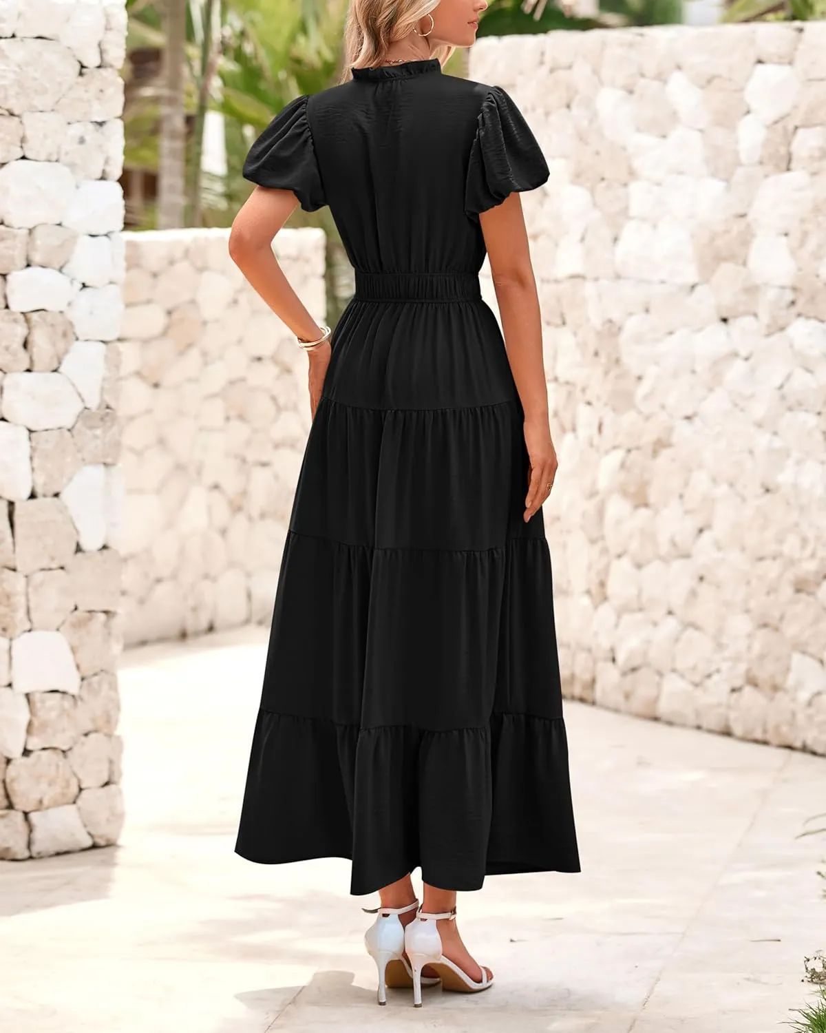 dowerme Womens Summer Dresses 2025 Casual Puff Sleeve V Neck Smocked Waist A-Line Tiered Maxi Prom Dress with Pockets