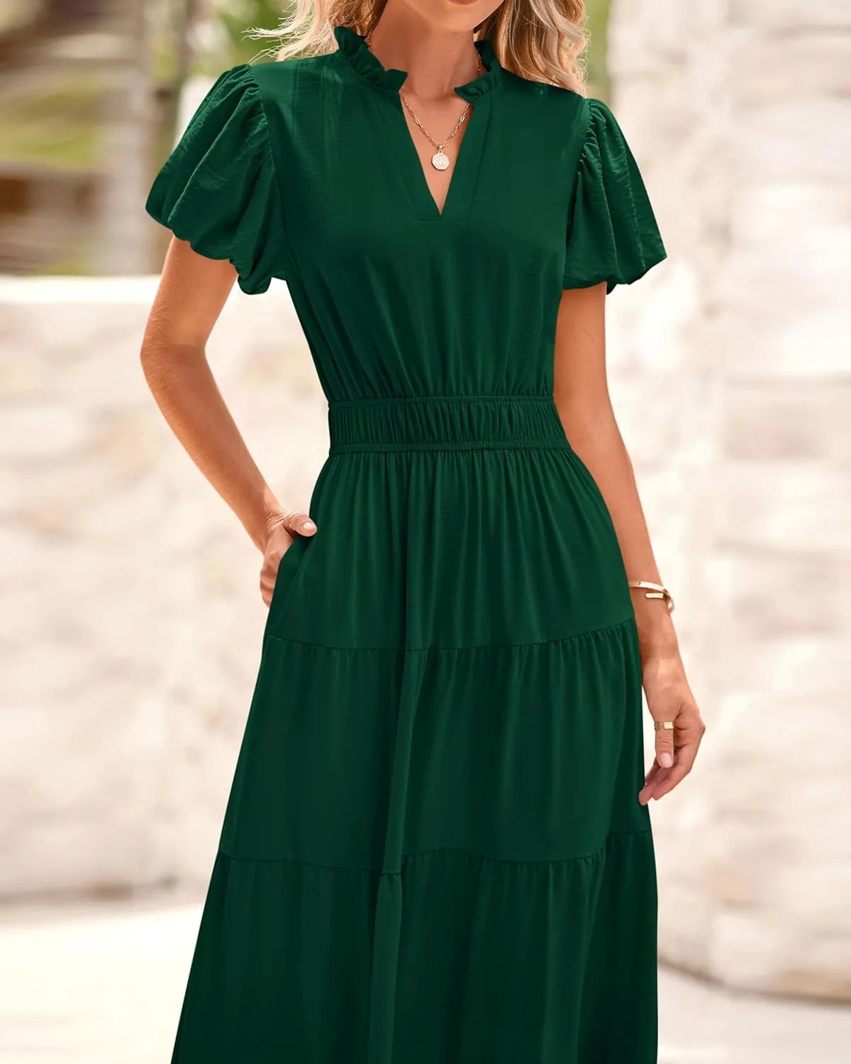 dowerme Womens Summer Dresses 2025 Casual Puff Sleeve V Neck Smocked Waist A-Line Tiered Maxi Prom Dress with Pockets