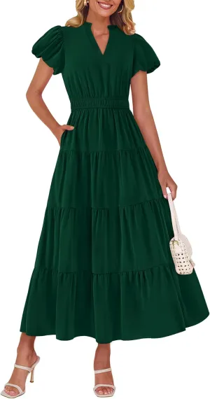 dowerme Womens Summer Dresses 2025 Casual Puff Sleeve V Neck Smocked Waist A-Line Tiered Maxi Prom Dress with Pockets