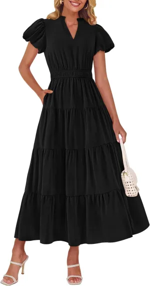 dowerme Womens Summer Dresses 2025 Casual Puff Sleeve V Neck Smocked Waist A-Line Tiered Maxi Prom Dress with Pockets