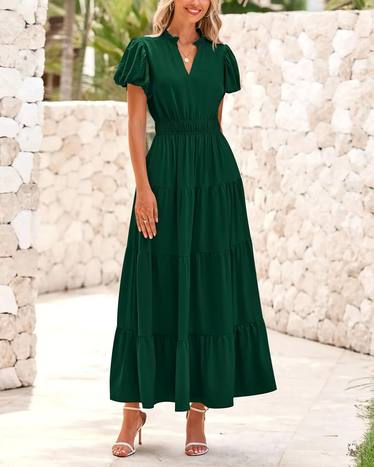 dowerme Womens Summer Dresses 2025 Casual Puff Sleeve V Neck Smocked Waist A-Line Tiered Maxi Prom Dress with Pockets