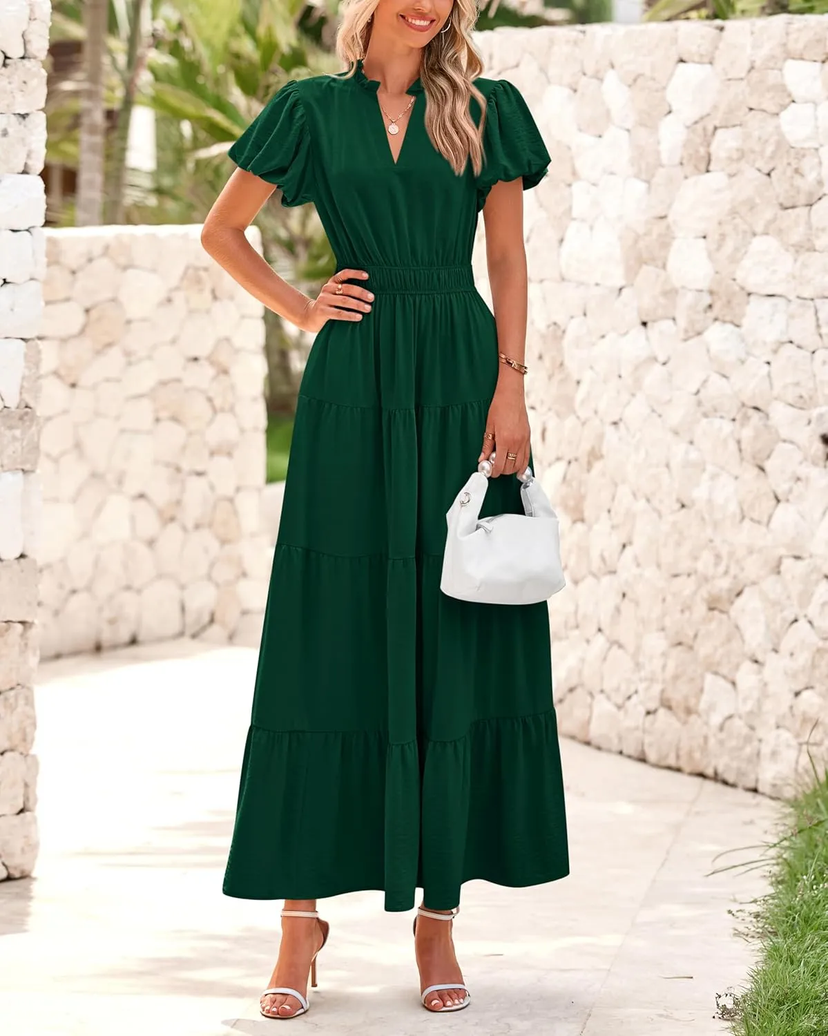 dowerme Womens Summer Dresses 2025 Casual Puff Sleeve V Neck Smocked Waist A-Line Tiered Maxi Prom Dress with Pockets