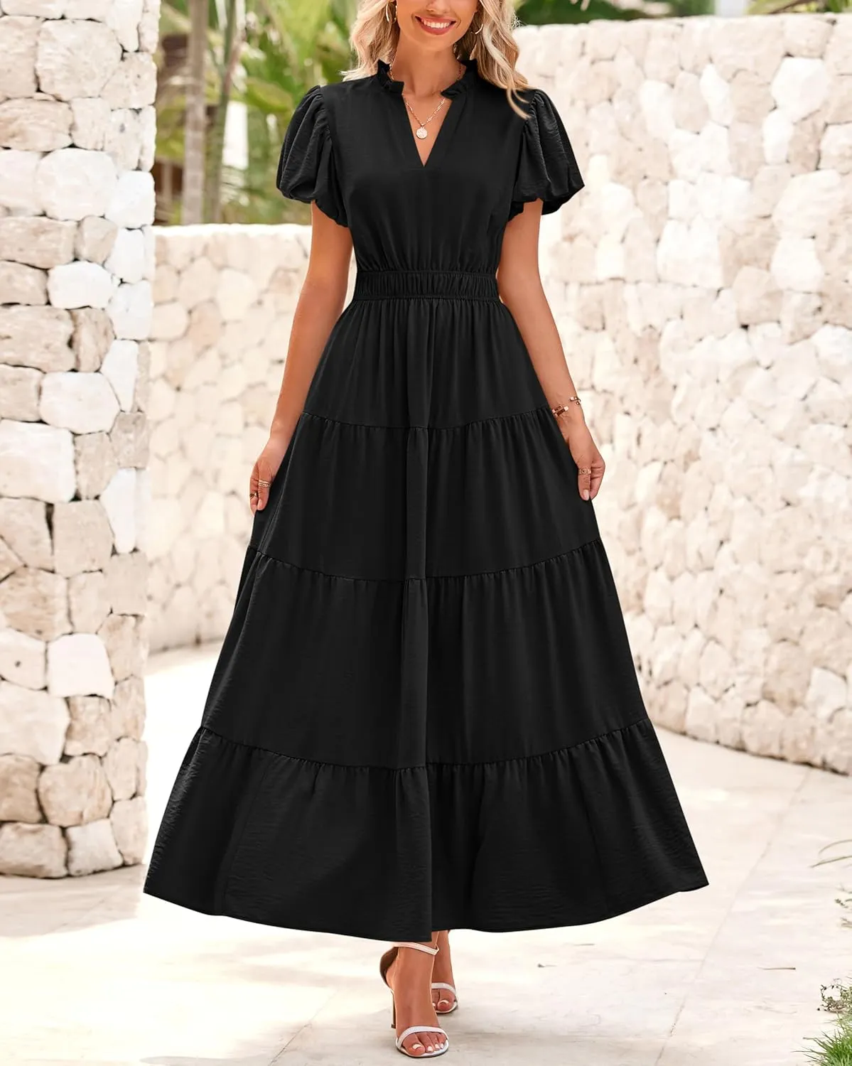 dowerme Womens Summer Dresses 2025 Casual Puff Sleeve V Neck Smocked Waist A-Line Tiered Maxi Prom Dress with Pockets