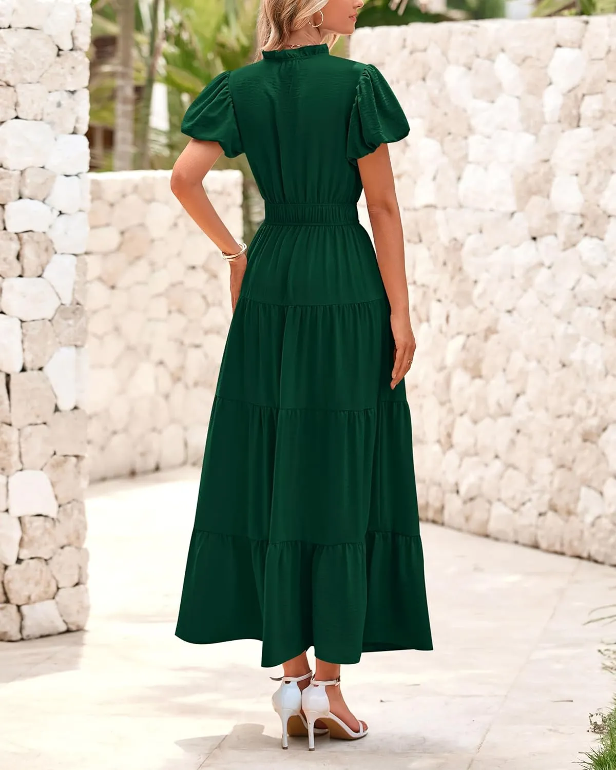 dowerme Womens Summer Dresses 2025 Casual Puff Sleeve V Neck Smocked Waist A-Line Tiered Maxi Prom Dress with Pockets