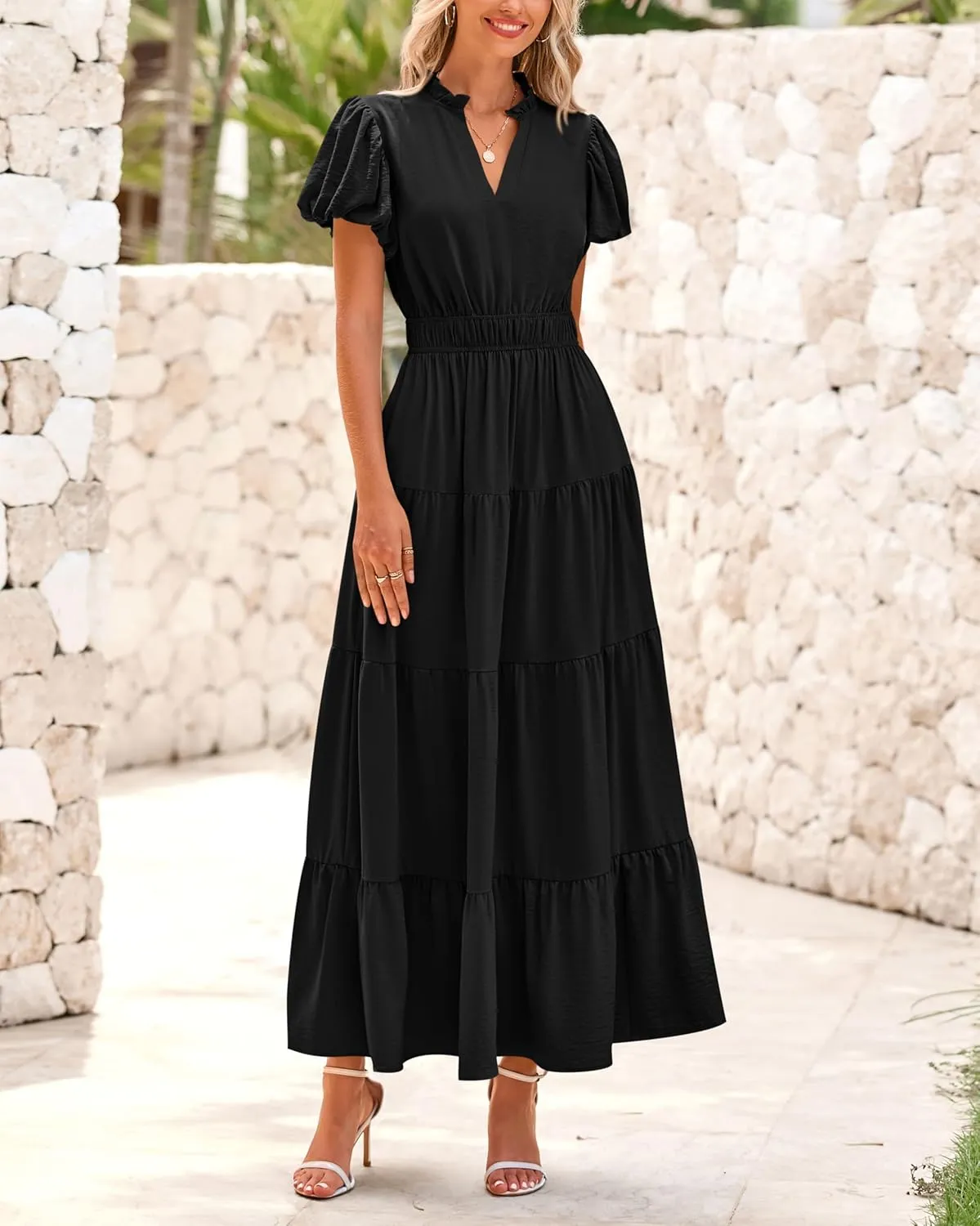dowerme Womens Summer Dresses 2025 Casual Puff Sleeve V Neck Smocked Waist A-Line Tiered Maxi Prom Dress with Pockets