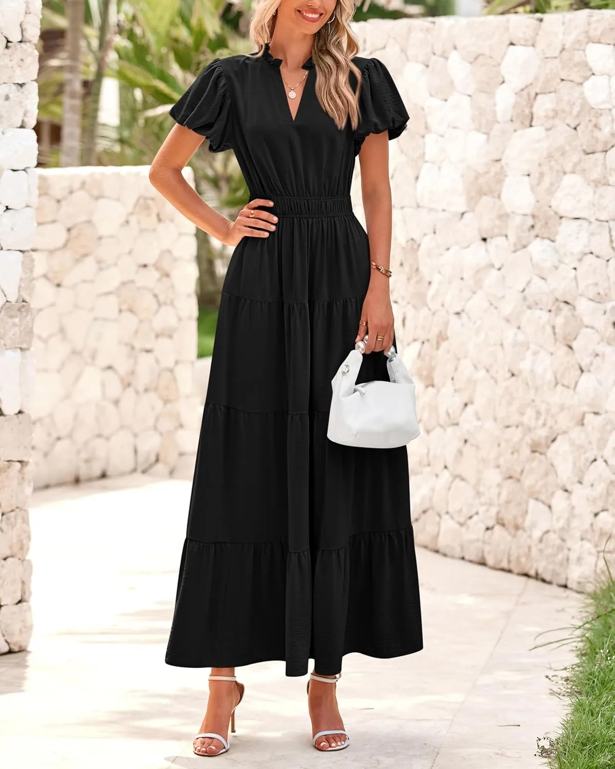 dowerme Womens Summer Dresses 2025 Casual Puff Sleeve V Neck Smocked Waist A-Line Tiered Maxi Prom Dress with Pockets