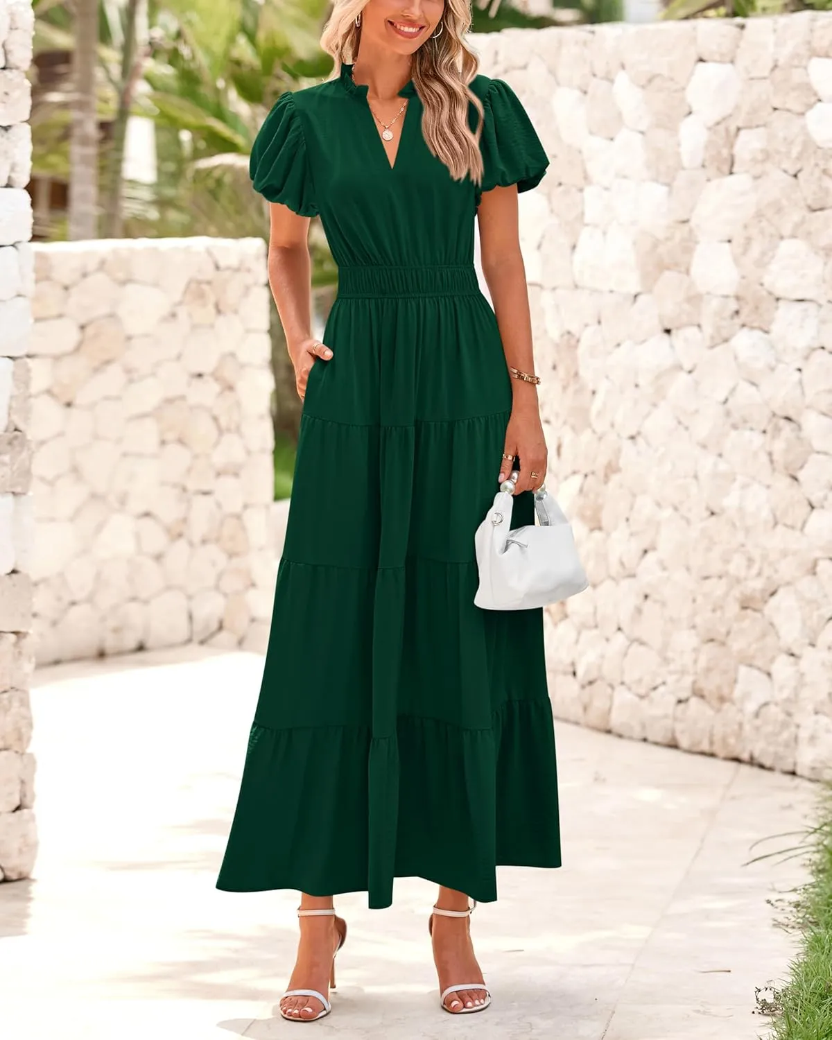 dowerme Womens Summer Dresses 2025 Casual Puff Sleeve V Neck Smocked Waist A-Line Tiered Maxi Prom Dress with Pockets