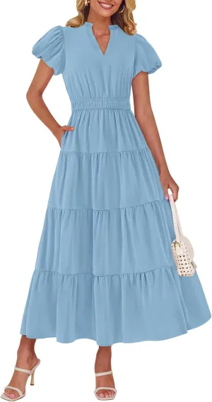 dowerme Womens Summer Dresses 2025 Casual Puff Sleeve V Neck Smocked Waist A-Line Tiered Maxi Prom Dress with Pockets