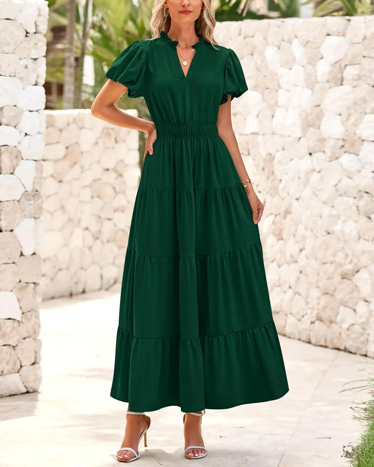 dowerme Womens Summer Dresses 2025 Casual Puff Sleeve V Neck Smocked Waist A-Line Tiered Maxi Prom Dress with Pockets