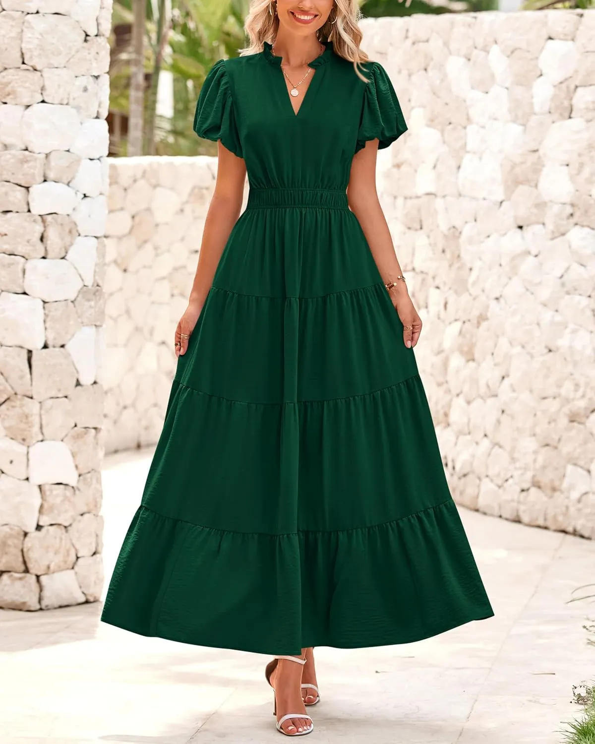 dowerme Womens Summer Dresses 2025 Casual Puff Sleeve V Neck Smocked Waist A-Line Tiered Maxi Prom Dress with Pockets