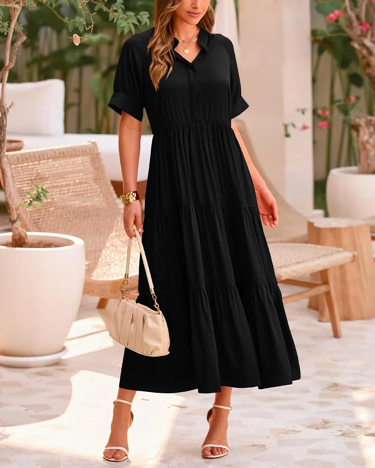 dowerme Women's Summer Dresses 2025 Casual Short Sleeve Button Loose Fit Pleated Boho Flowy Swing Long Beach Sun Dress