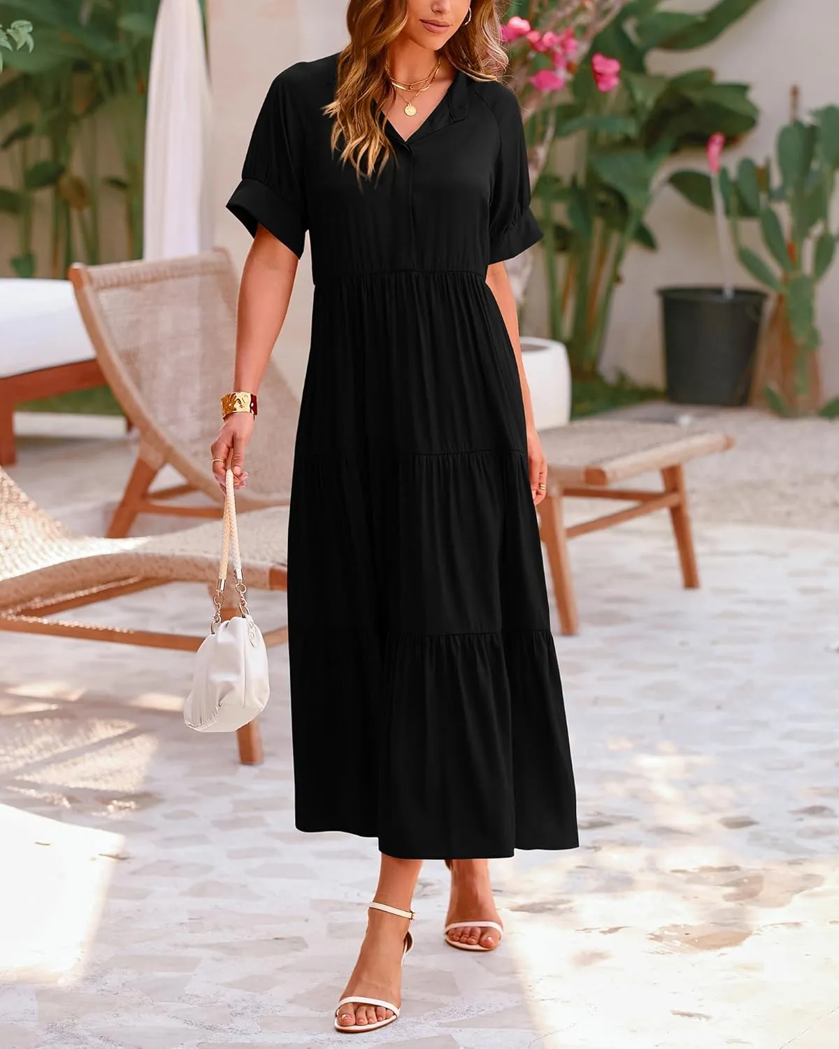 dowerme Women's Summer Dresses 2025 Casual Short Sleeve Button Loose Fit Pleated Boho Flowy Swing Long Beach Sun Dress