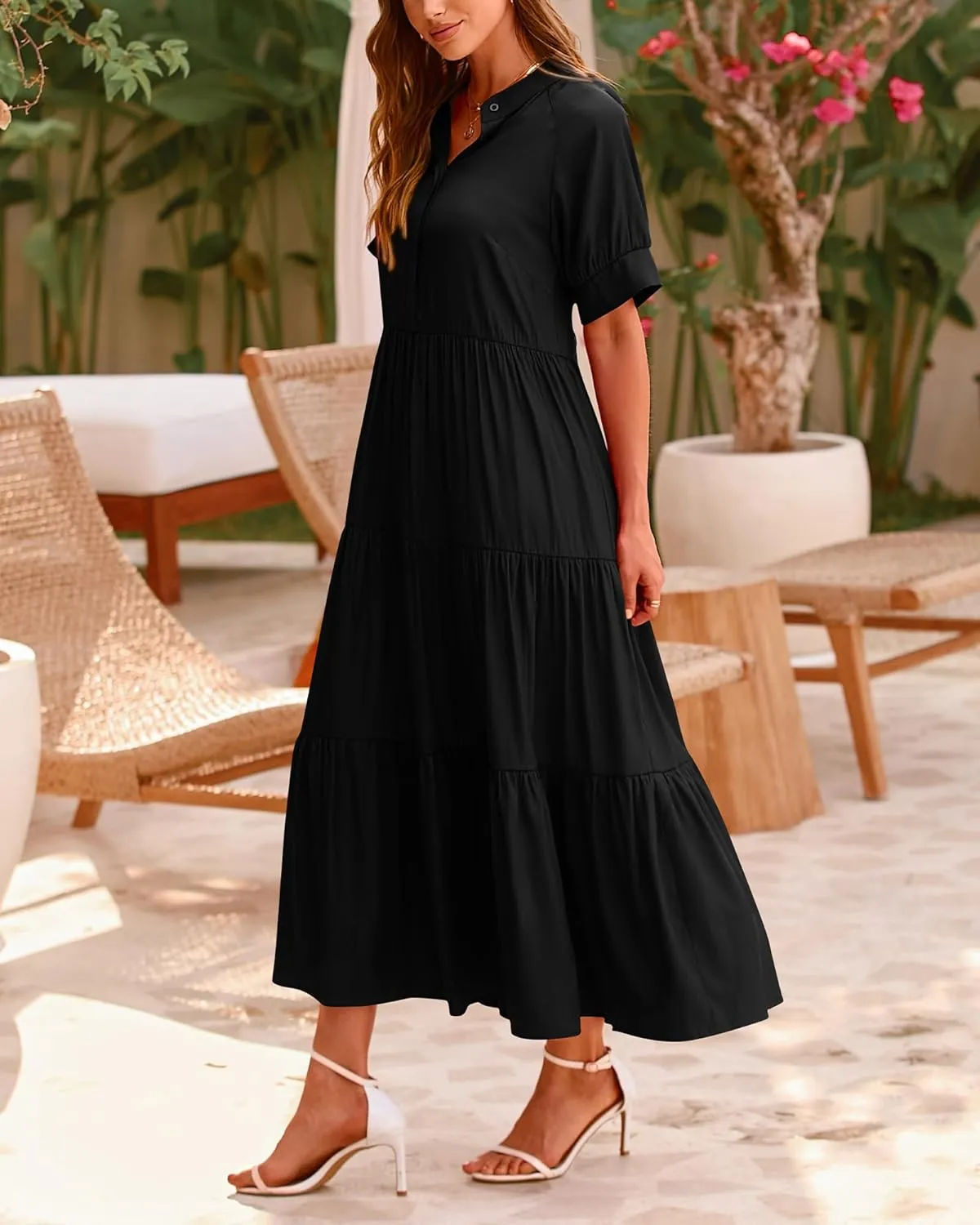 dowerme Women's Summer Dresses 2025 Casual Short Sleeve Button Loose Fit Pleated Boho Flowy Swing Long Beach Sun Dress