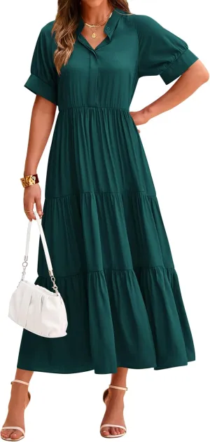 dowerme Women's Summer Dresses 2025 Casual Short Sleeve Button Loose Fit Pleated Boho Flowy Swing Long Beach Sun Dress