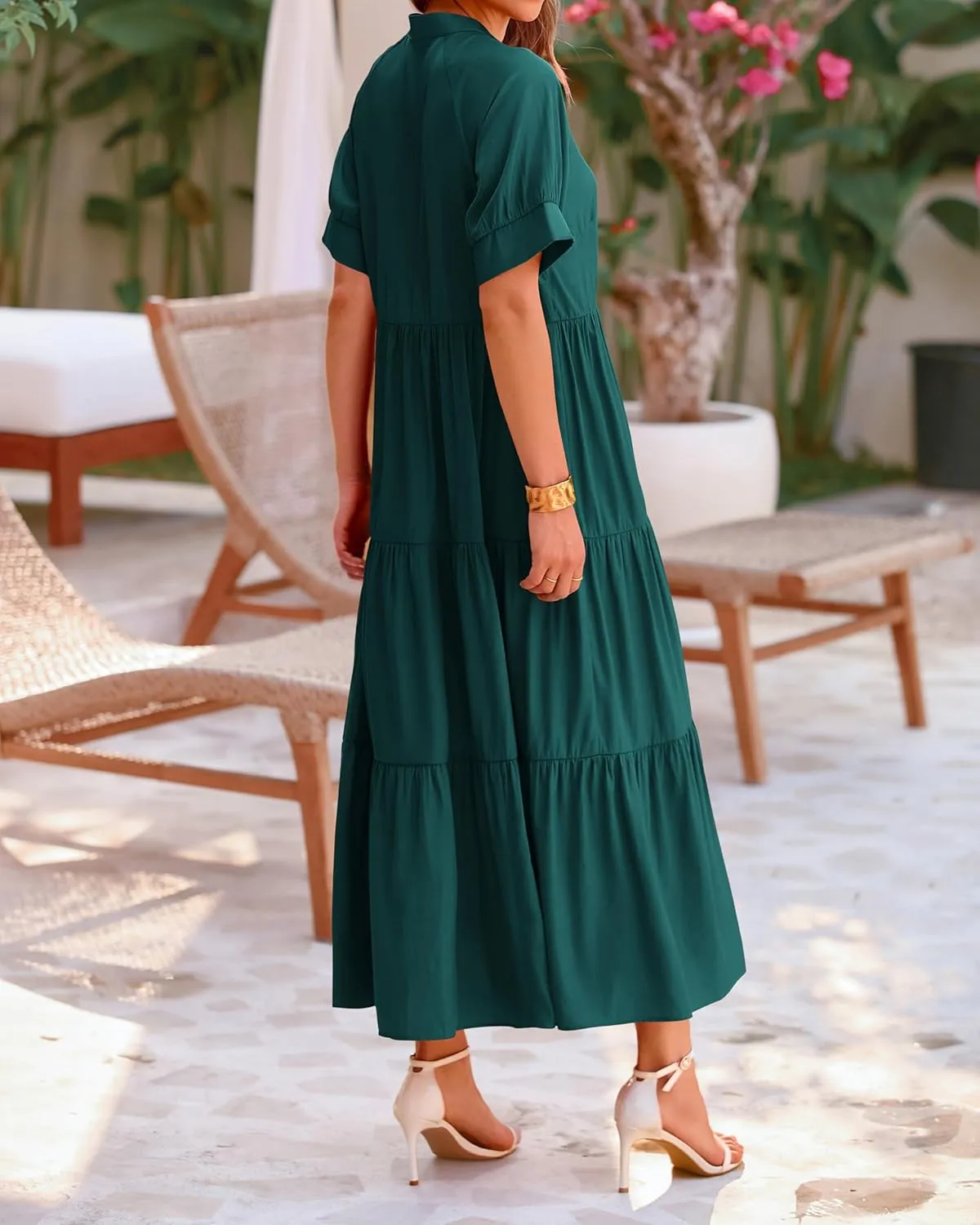 dowerme Women's Summer Dresses 2025 Casual Short Sleeve Button Loose Fit Pleated Boho Flowy Swing Long Beach Sun Dress