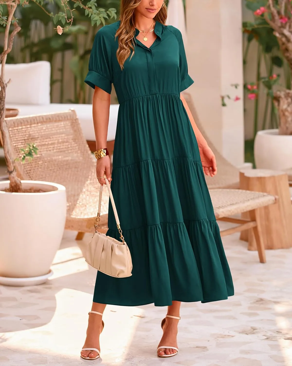 dowerme Women's Summer Dresses 2025 Casual Short Sleeve Button Loose Fit Pleated Boho Flowy Swing Long Beach Sun Dress