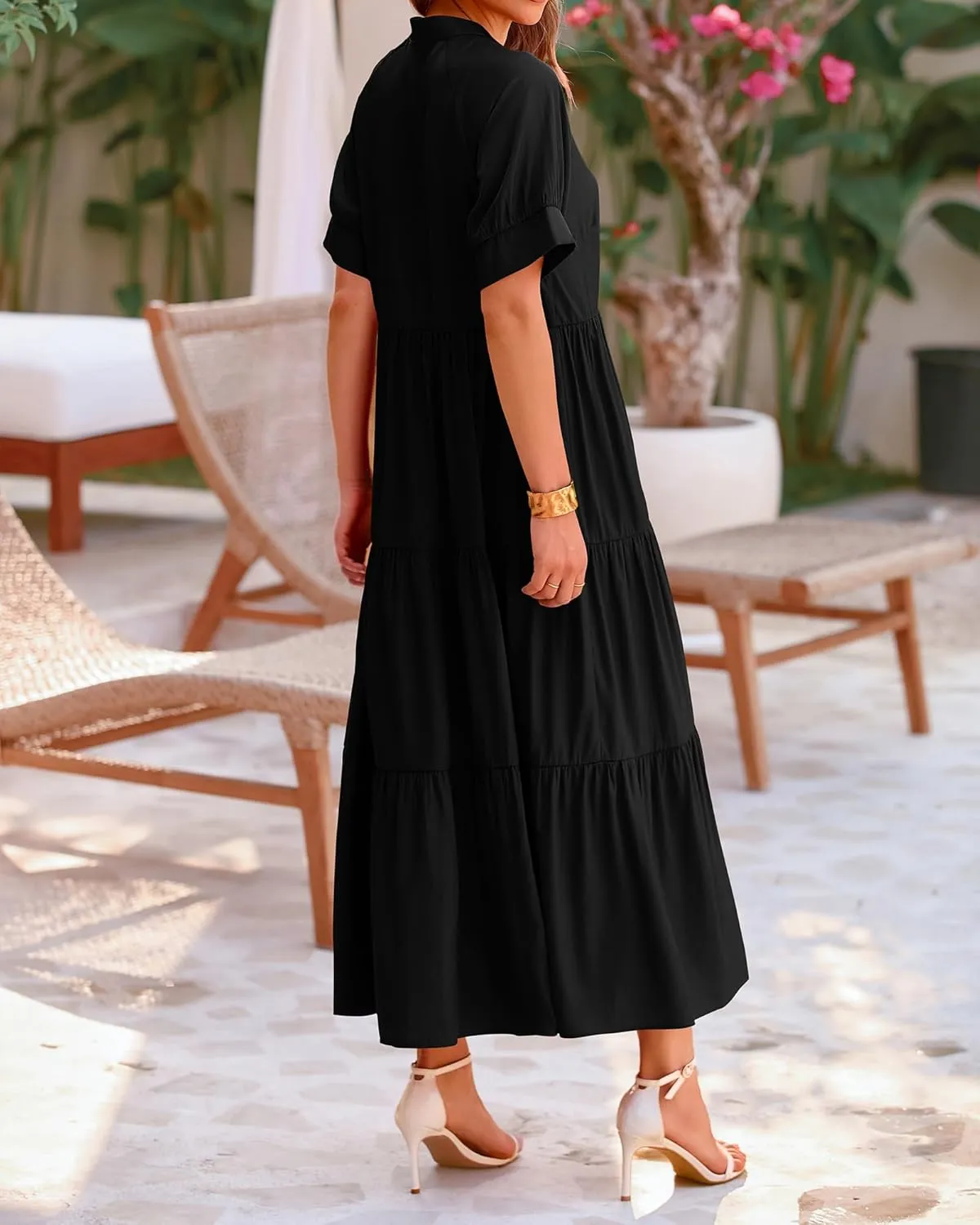 dowerme Women's Summer Dresses 2025 Casual Short Sleeve Button Loose Fit Pleated Boho Flowy Swing Long Beach Sun Dress