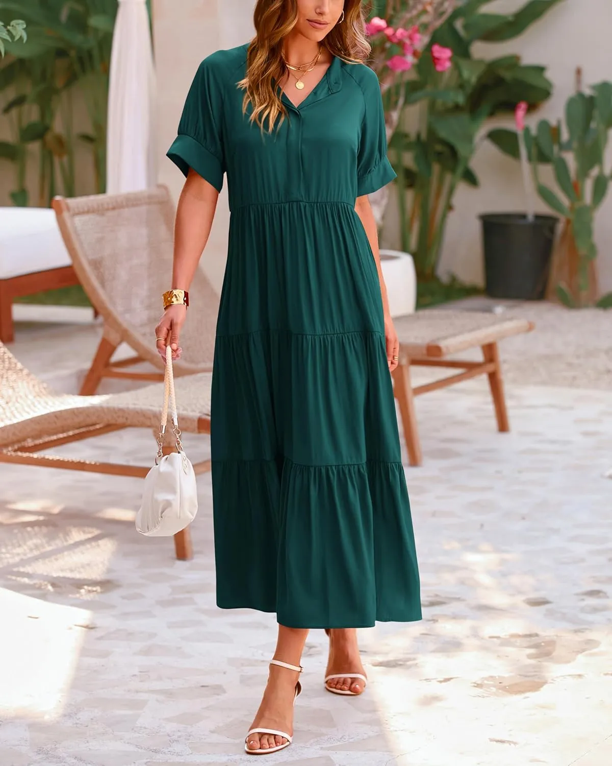 dowerme Women's Summer Dresses 2025 Casual Short Sleeve Button Loose Fit Pleated Boho Flowy Swing Long Beach Sun Dress