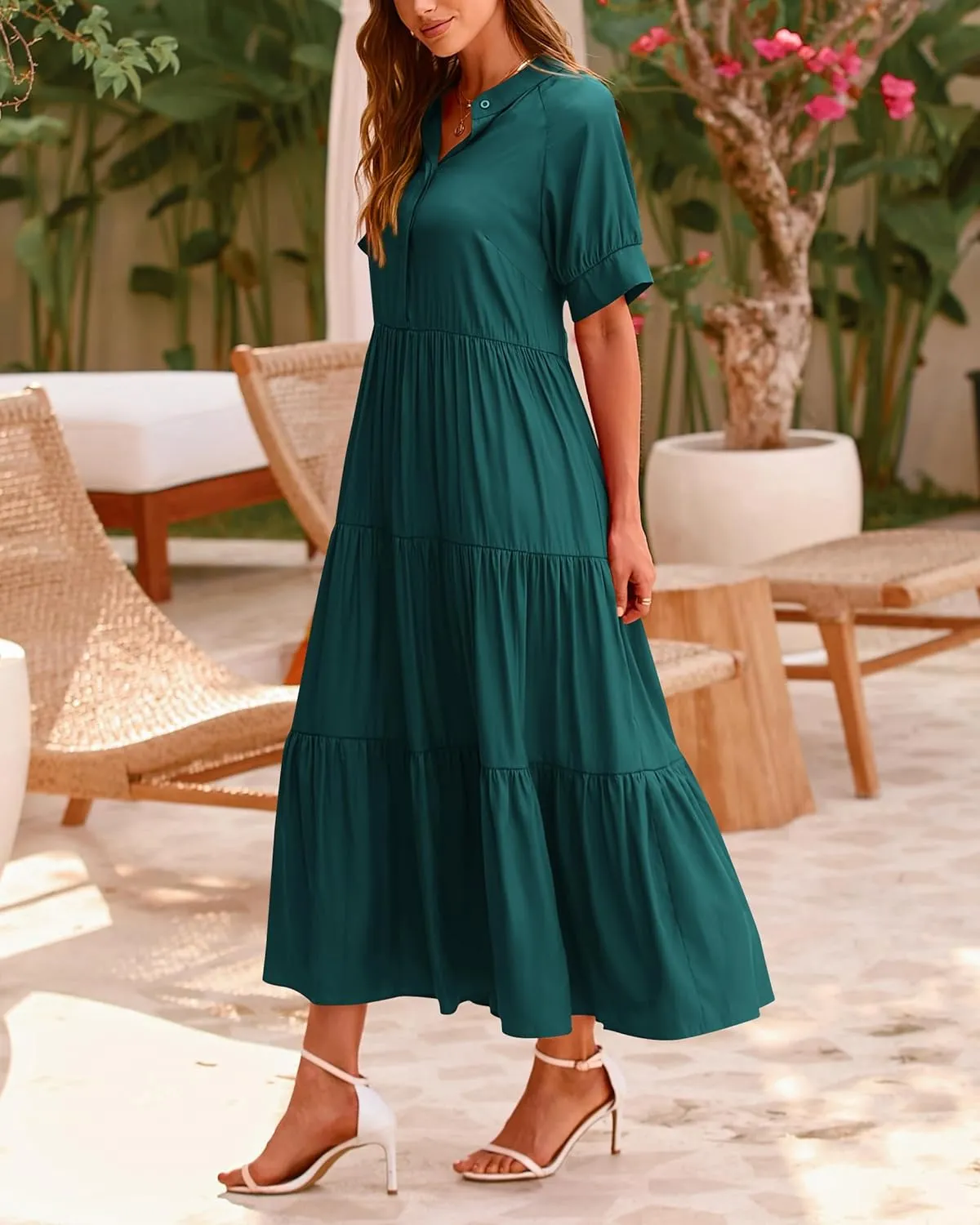 dowerme Women's Summer Dresses 2025 Casual Short Sleeve Button Loose Fit Pleated Boho Flowy Swing Long Beach Sun Dress