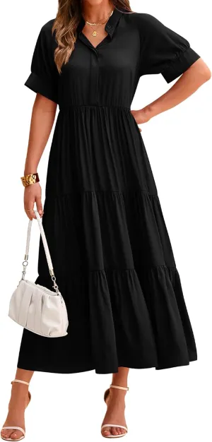 dowerme Women's Summer Dresses 2025 Casual Short Sleeve Button Loose Fit Pleated Boho Flowy Swing Long Beach Sun Dress